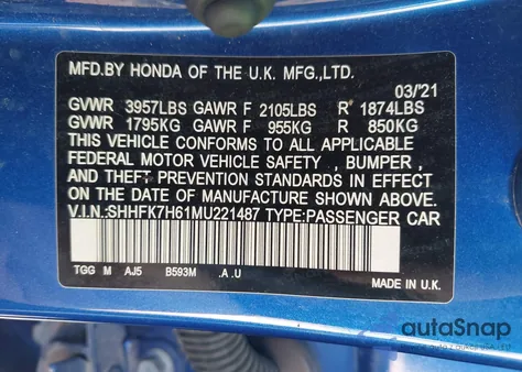 2021 Honda Civic Ex из США, поврежденный, VIN SHHFK7H61MU221487